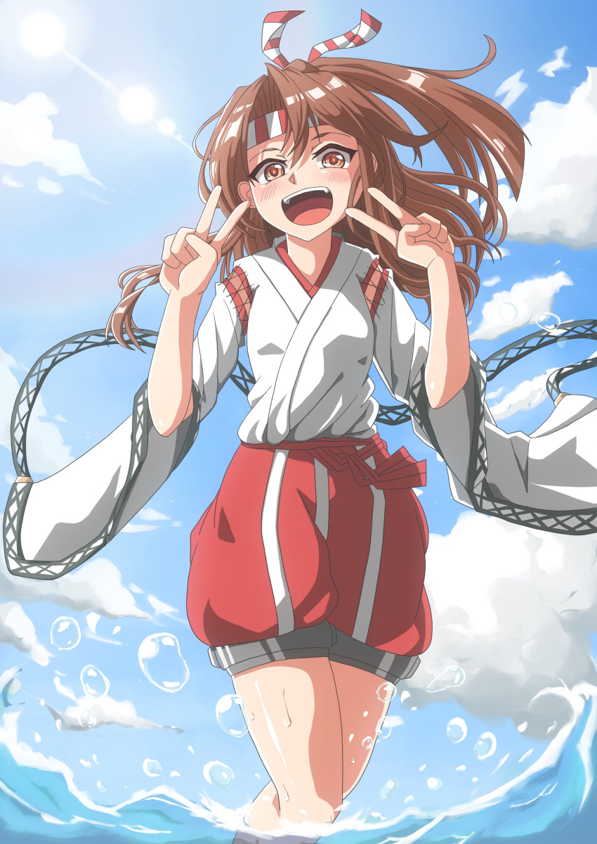 1girl absurdres blue_sky brown_eyes brown_hair clouds cowboy_shot day double_v hakama hakama_shorts high_ponytail highres japanese_clothes kantai_collection long_hair looking_at_viewer open_mouth outdoors red_shorts shorts sky smile solo sosorin v wading wide_sleeves zuihou_(kancolle)