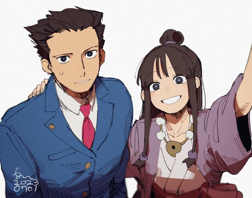 1boy 1girl ace_attorney arm_up black_hair blue_eyes blue_jacket blunt_bangs collared_shirt dated erm_nkcn grin hair_ornament half_updo hand_on_another's_shoulder hanten_(clothes) highres jacket japanese_clothes jewelry kimono long_hair long_sleeves looking_at_viewer magatama magatama_necklace maya_fey necklace necktie open_mouth outstretched_arm parted_bangs phoenix_wright purple_jacket red_necktie selfie shirt short_hair sidelocks signature smile spiky_hair sweatdrop upper_body white_kimono white_shirt