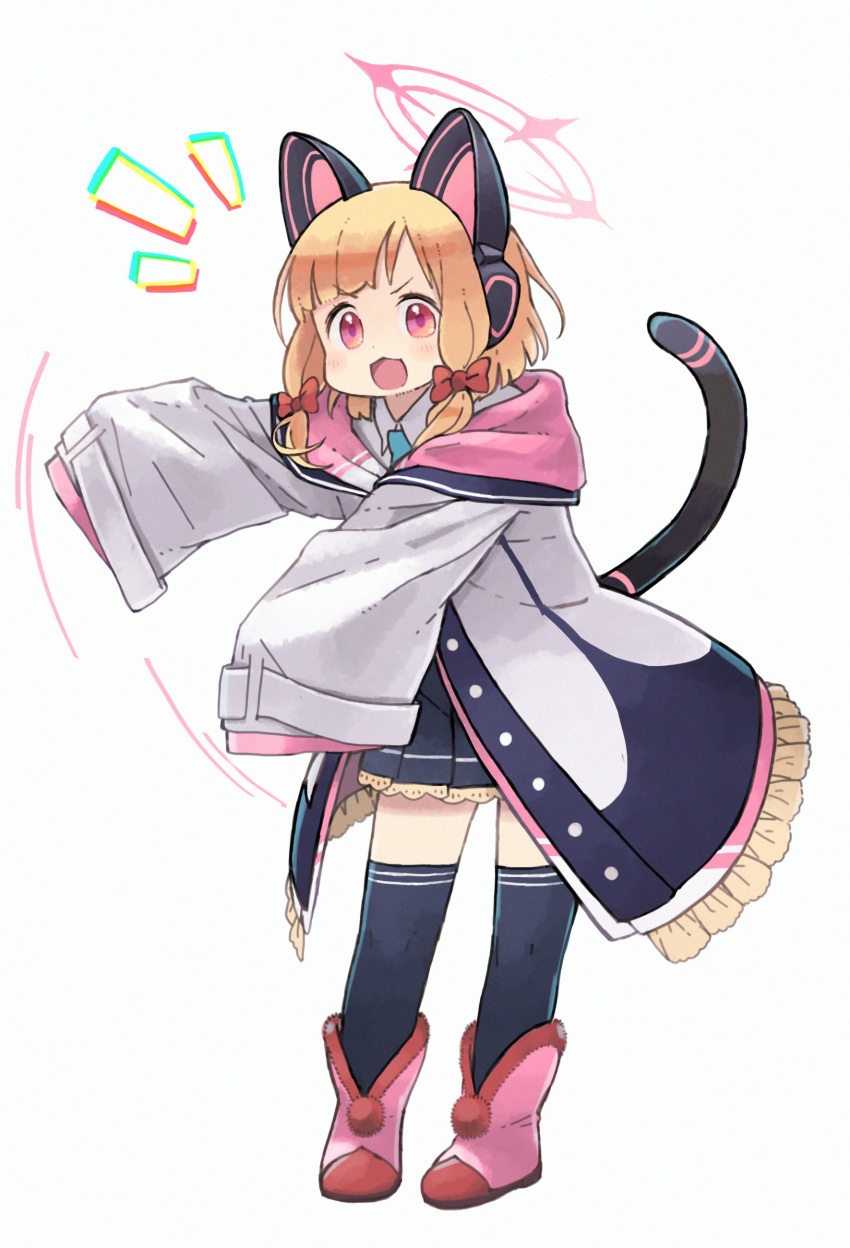 1girl :d absurdres animal_ear_headphones animal_ears black_skirt black_thighhighs blonde_hair blue_archive blue_necktie boots bow collared_shirt commentary_request fake_animal_ears frilled_jacket frills full_body hair_bow halo headphones highres hood hood_down hooded_jacket jacket long_sleeves looking_at_viewer momoi_(blue_archive) necktie nishimura_(prism_engine) notice_lines pink_eyes pink_footwear pleated_skirt red_bow shirt sidelocks simple_background skirt sleeves_past_fingers sleeves_past_wrists smile solo standing tail thigh-highs thighhighs_under_boots v-shaped_eyebrows white_background white_jacket white_shirt wide_sleeves