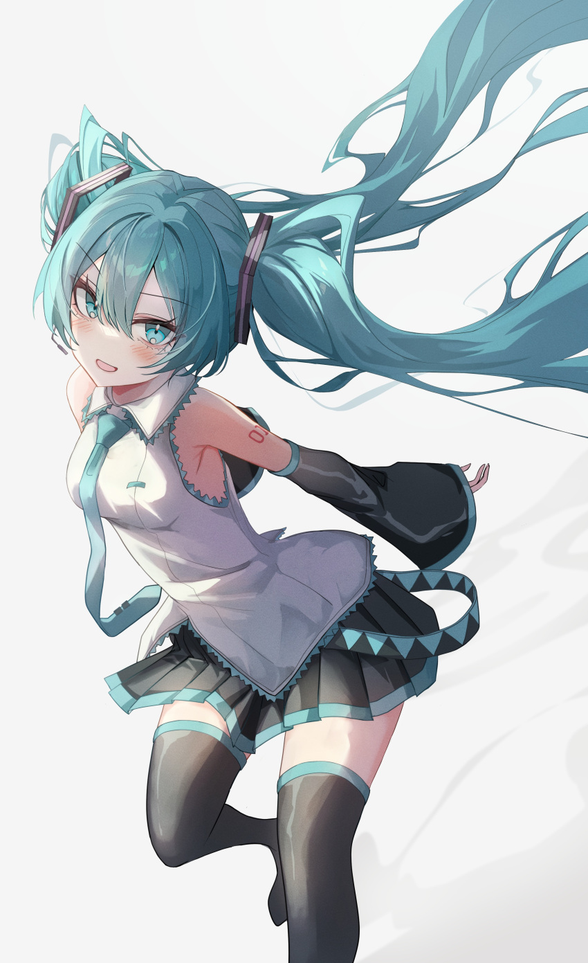 1girl :d absurdres aqua_eyes aqua_hair aqua_necktie aqua_skirt arched_back armpit_crease arms_behind_back bare_shoulders black_sleeves blush breasts collared_shirt commentary detached_sleeves double-parted_bangs floating_hair full_body hair_between_eyes hatsune_miku highres kawasuru_(15miclon) leaning_forward light_blush long_hair looking_at_viewer multicolored_clothes multicolored_skirt necktie no_nose no_shoes pleated_skirt shirt simple_background skirt small_breasts smile solo thigh-highs twintails very_long_hair vocaloid white_background white_shirt