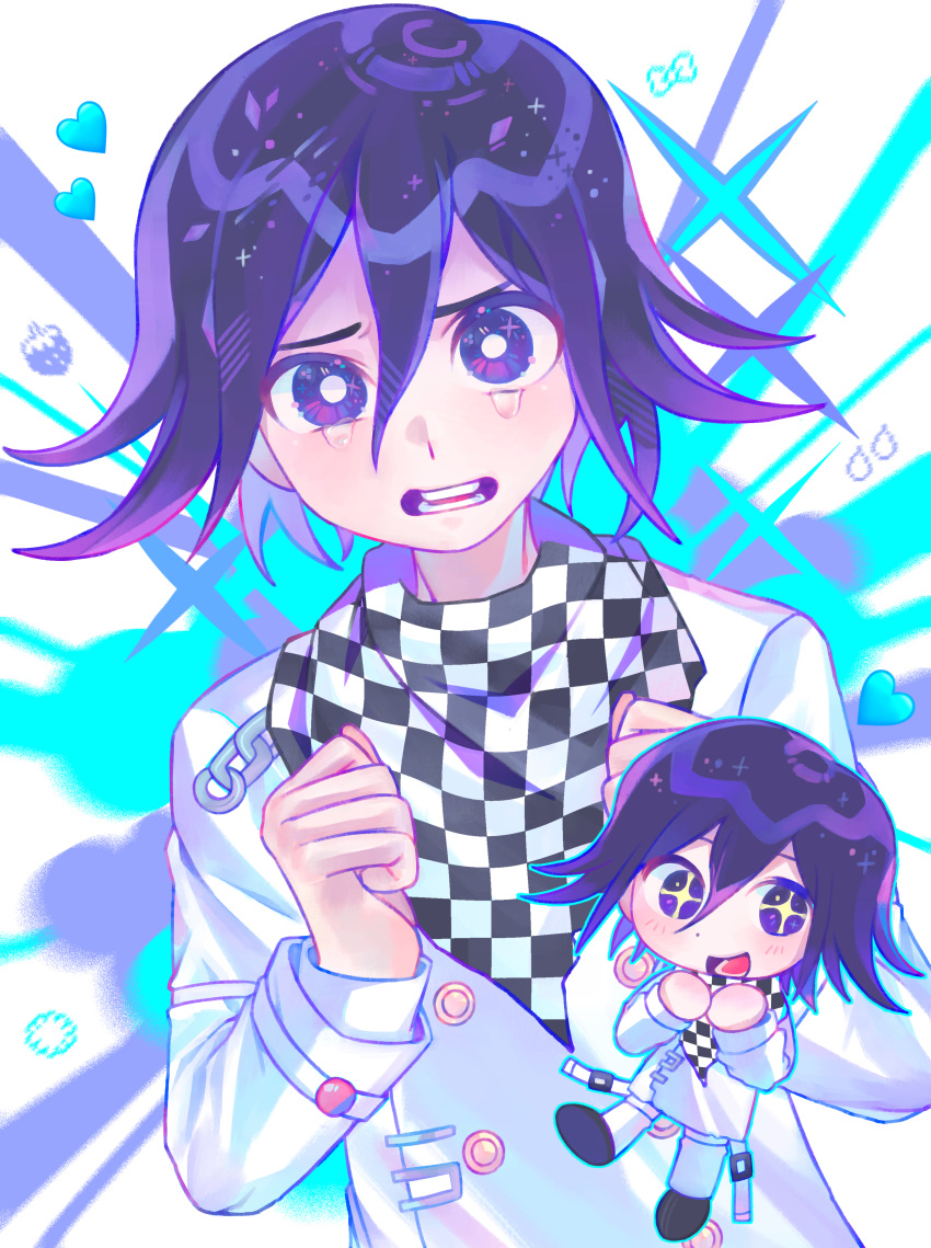 1boy :d absurdres black_hair buttons checkered_clothes checkered_scarf chibi danganronpa_(series) danganronpa_v3:_killing_harmony double-breasted green_background hair_between_eyes hands_up heart highres iro_(mywife_sunny) jacket long_sleeves male_focus multicolored_hair multiple_views oma_kokichi scarf smile tearing_up tears teeth two-tone_hair white_background white_jacket