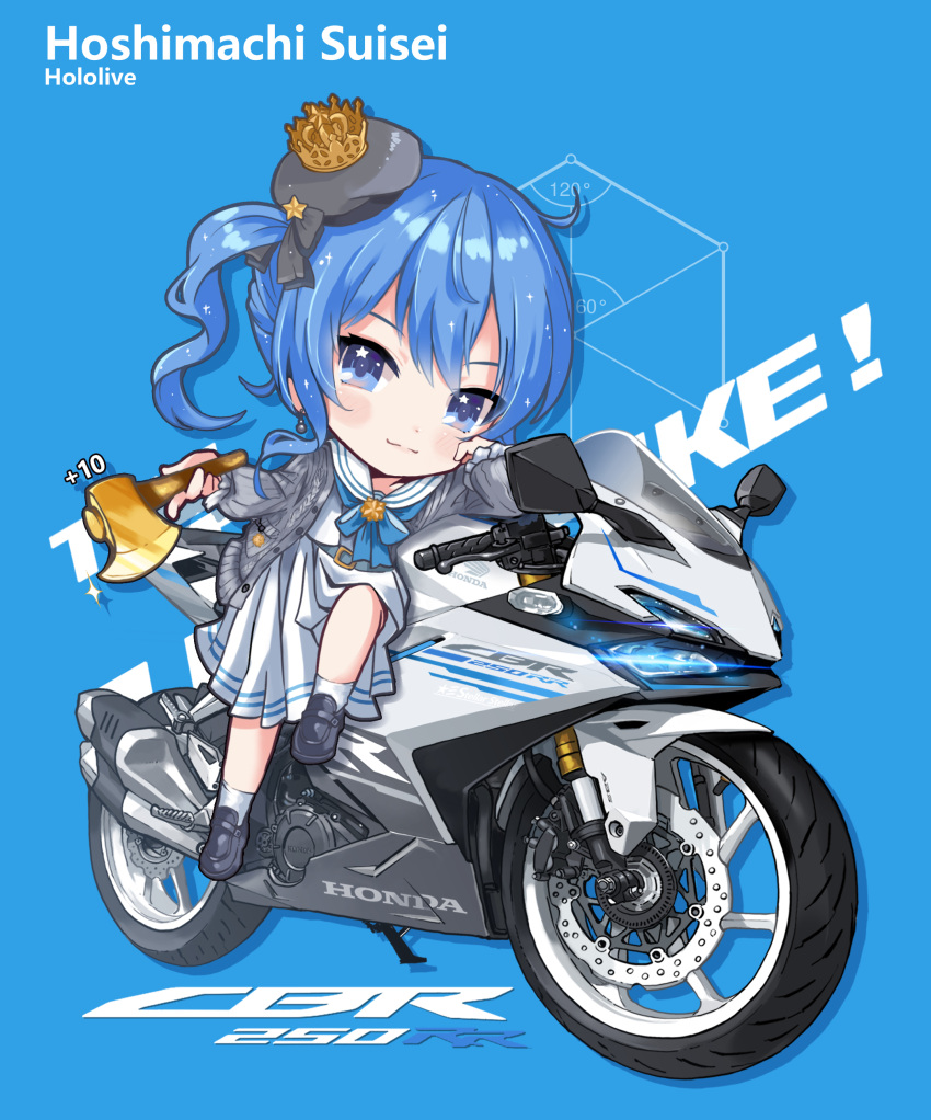 1girl absurdres axe beret black_bow blue_background blue_eyes blue_hair blush bow cardigan character_name closed_mouth commentary_request crown golden_axe_(weapon) grey_cardigan grey_footwear grey_headwear hair_bow hair_ornament hat highres holding holding_axe hololive honda honda_cbr250rr hoshimachi_suisei loafers long_sleeves mini_crown open_cardigan open_clothes pleated_skirt puffy_long_sleeves puffy_sleeves sailor_collar school_uniform serafuku shirt shoes side_ponytail simple_background skirt sleeves_past_wrists smile socks solo star_(symbol) star_hair_ornament star_in_eye symbol_in_eye tilted_headwear virtual_youtuber white_sailor_collar white_serafuku white_shirt white_skirt white_socks yoyoko707