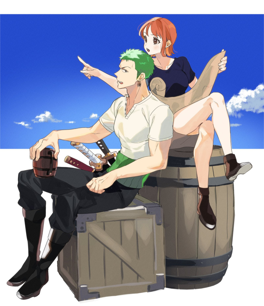 1boy 1girl bare_arms barrel beer_mug black_pants blue_skirt blue_sky brown_footwear brown_hair clouds cloudy_sky collarbone commentary_request crossed_legs cup earrings full_body green_hair highres holding holding_cup holding_map jewelry katana looking_to_the_side map mug nami_(one_piece) one_piece open_mouth orange_hair outdoors pants pointing pointing_to_the_side roronoa_zoro sheath sheathed shirt short_hair short_sleeves single_sidelock sitting skirt sky sword ususmomo weapon white_shirt wooden_box