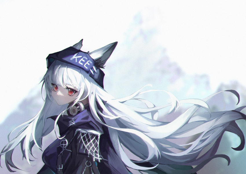 1girl absurdres arknights asa_achen beanie clothes_writing ears_through_headwear floating_hair frostleaf_(arknights) frostleaf_(breaking_the_ice)_(arknights) hat headphones headphones_around_neck highres long_hair official_alternate_costume purple_headwear purple_shirt red_eyes shirt simple_background solo upper_body very_long_hair white_background white_hair