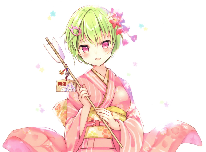 1girl :d arrow_(projectile) bell bloom blush crocodile_hair_ornament eyelashes floral_print flower green_hair hair_between_eyes hair_flower hair_ornament happy highres holding holding_arrow humuyun japanese_clothes jingle_bell kanzashi kimono long_sleeves looking_at_viewer nomura_miki open_mouth pink_hair pink_kimono red_flower sash short_hair simple_background smile solo straight-on summer_pockets white_background white_flower wide_sleeves yellow_sash yukata