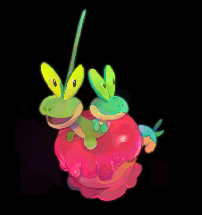 black_background candy_apple commentary dipplin english_commentary food full_body highres looking_at_viewer momopatchi no_humans open_mouth pokemon pokemon_(creature) simple_background