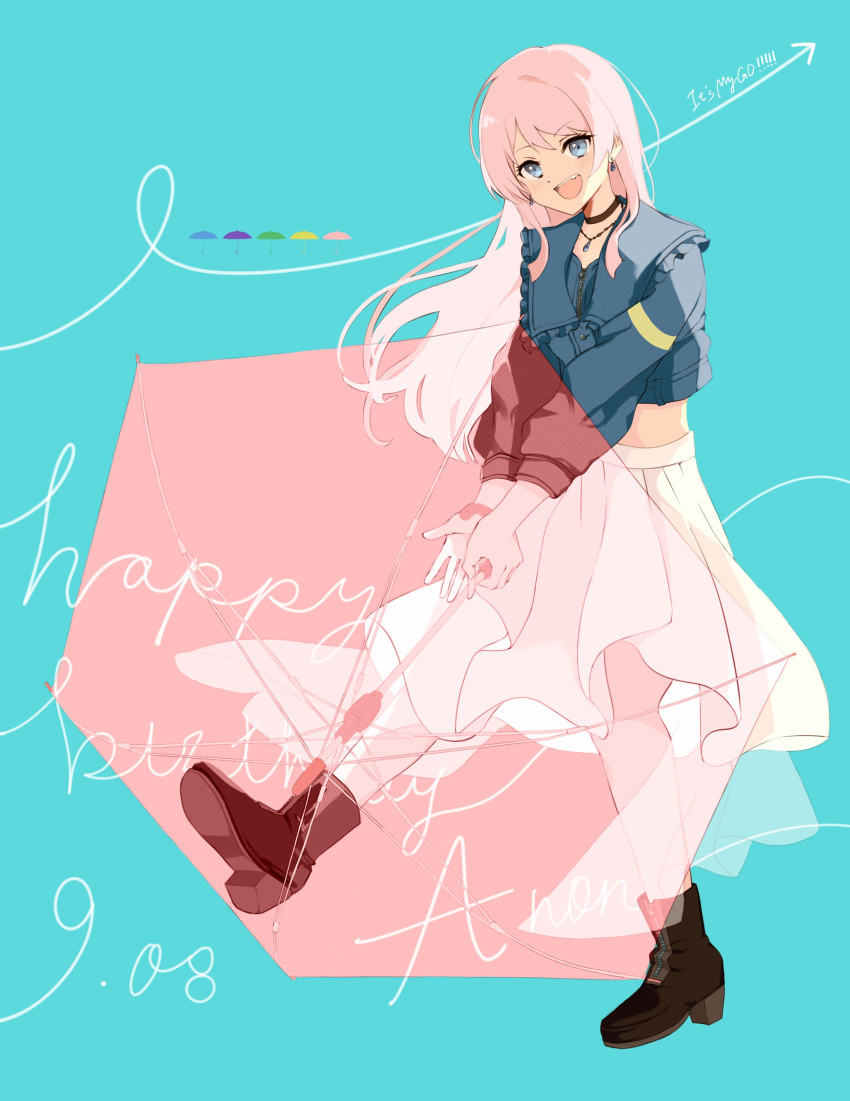 1girl abstract_background absurdres ankle_boots bang_dream! bang_dream!_it's_mygo!!!!! black_choker blue_background blue_eyes blue_jacket boots brown_footwear character_name chihaya_anon choker copyright_name cropped_jacket dated earrings english_text fang full_body highres holding holding_umbrella jacket jewelry long_hair long_sleeves looking_at_viewer necklace open_mouth pink_hair pink_umbrella skirt smile solo standing standing_on_one_leg transparent transparent_umbrella umbrella watameki_(pixiv_33969409)