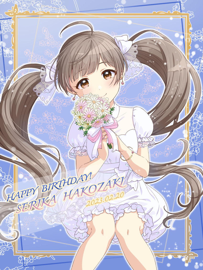 1girl 2023 absurdres ahoge blush bouquet bow bracelet breasts brown_eyes brown_hair character_name daisy dot_nose dress earrings flower frilled_dress frills hair_ornament hair_ribbon hakozaki_serika happy_birthday highres holding holding_bouquet idolmaster idolmaster_million_live! idolmaster_million_live!_theater_days jewelry long_hair looking_at_viewer manicure nail_polish pink_nails ribbon see-through see-through_sleeves shiro_(ongrokm) sitting small_breasts smile solo tareme twintails very_long_hair white_dress