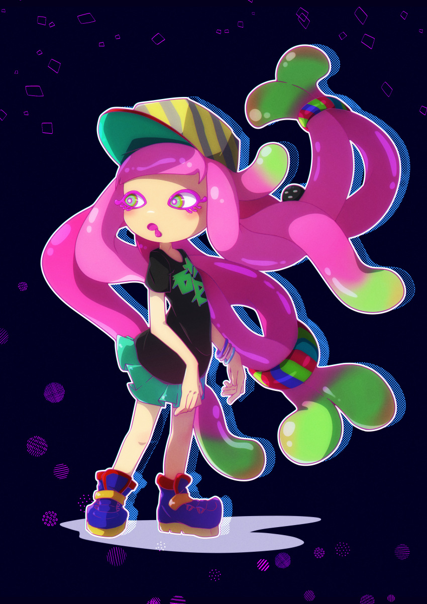 1girl absurdres afuron bangle baseball_cap blue_background blue_footwear blunt_bangs blush boots bracelet commentary_request drooling drop_shadow fish flat_chest full_body gradient_hair green_eyes green_hair green_skirt harmony's_clownfish_(splatoon) harmony_(splatoon) hat highres jewelry legs long_hair looking_to_the_side low-tied_long_hair miniskirt multicolored_hair open_mouth outline pink_hair pink_pupils pleated_skirt shirt short_sleeves sidelocks skirt solo_focus splatoon_(series) splatoon_3 standing striped striped_headwear tentacle_hair tentacles two-tone_hair white_outline yellow_headwear