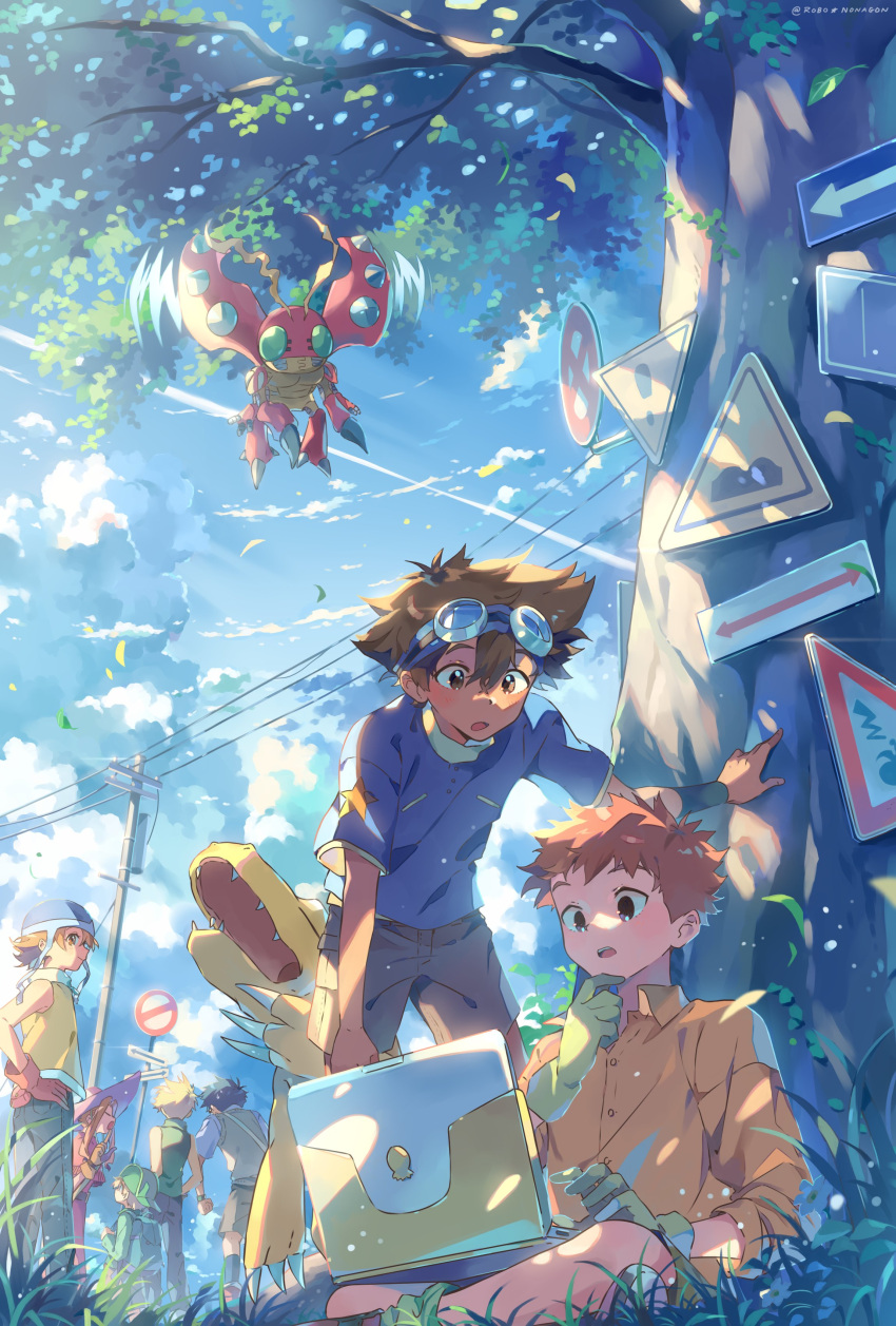 2girls 5boys absurdres agumon blonde_hair blue_shirt brown_eyes brown_hair closed_eyes clouds collared_shirt computer day digimon digimon_(creature) digimon_adventure glasses gloves goggles goggles_on_head grass green_gloves hands_on_own_hips hat highres ishida_yamato izumi_koushirou kido_jou laptop looking_at_another multiple_boys multiple_girls open_mouth outdoors power_lines red_gloves road_sign robo_nonagon shirt short_hair sign sitting sleeveless tachikawa_mimi takaishi_takeru takenouchi_sora tentomon tree utility_pole yagami_taichi yellow_shirt
