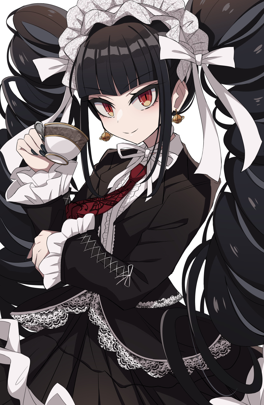 1girl absurdres black_hair black_jacket black_nails blunt_bangs bonnet celestia_ludenberg center_frills claw_ring cup danganronpa:_trigger_happy_havoc danganronpa_(series) drill_hair earrings frilled_jacket frills gothic_lolita hand_up highres holding holding_cup jacket jewelry lace-trimmed_skirt lace_trim layered_skirt lolita_fashion long_hair long_sleeves looking_at_viewer meiji_(meizi493) nail_polish necktie open_clothes open_jacket pleated_skirt print_necktie red_eyes red_necktie shirt simple_background skirt smile solo twin_drills twintails white_background