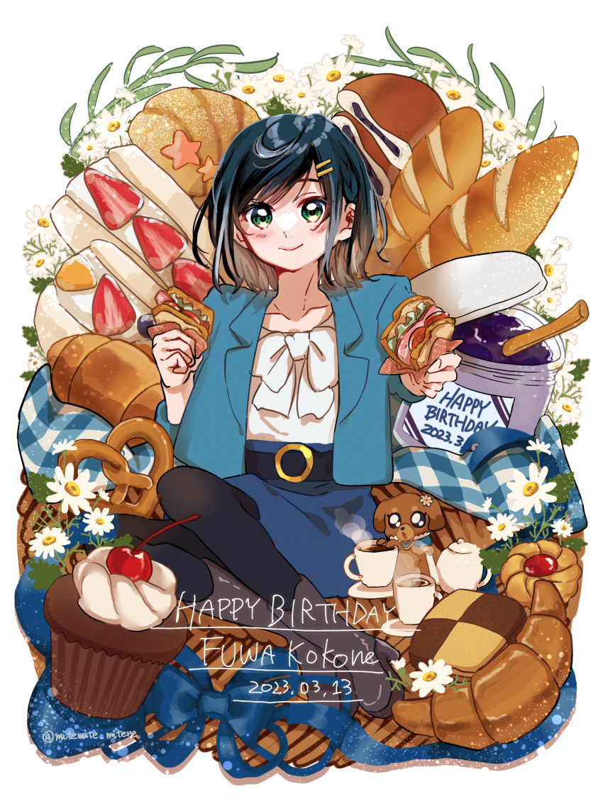 1girl bagel baguette belt birthday black_belt black_pantyhose blazer blue_hair blue_jacket blue_skirt bob_cut boots bow bread character_name closed_mouth coffee coffee_cup commentary cookie cup cupcake daisy dated delicious_party_precure disposable_cup dog english_text flower food fuwa_kokone green_eyes grey_footwear hair_ornament hairclip happy_birthday highres holding holding_food jacket jam long_sleeves looking_at_viewer miniskirt pam-pam_(precure) pantyhose picnic precure sandwich saucer sekiguchi_(mitemite_mitene) shirt short_hair sitting skirt smile solo white_bow white_shirt