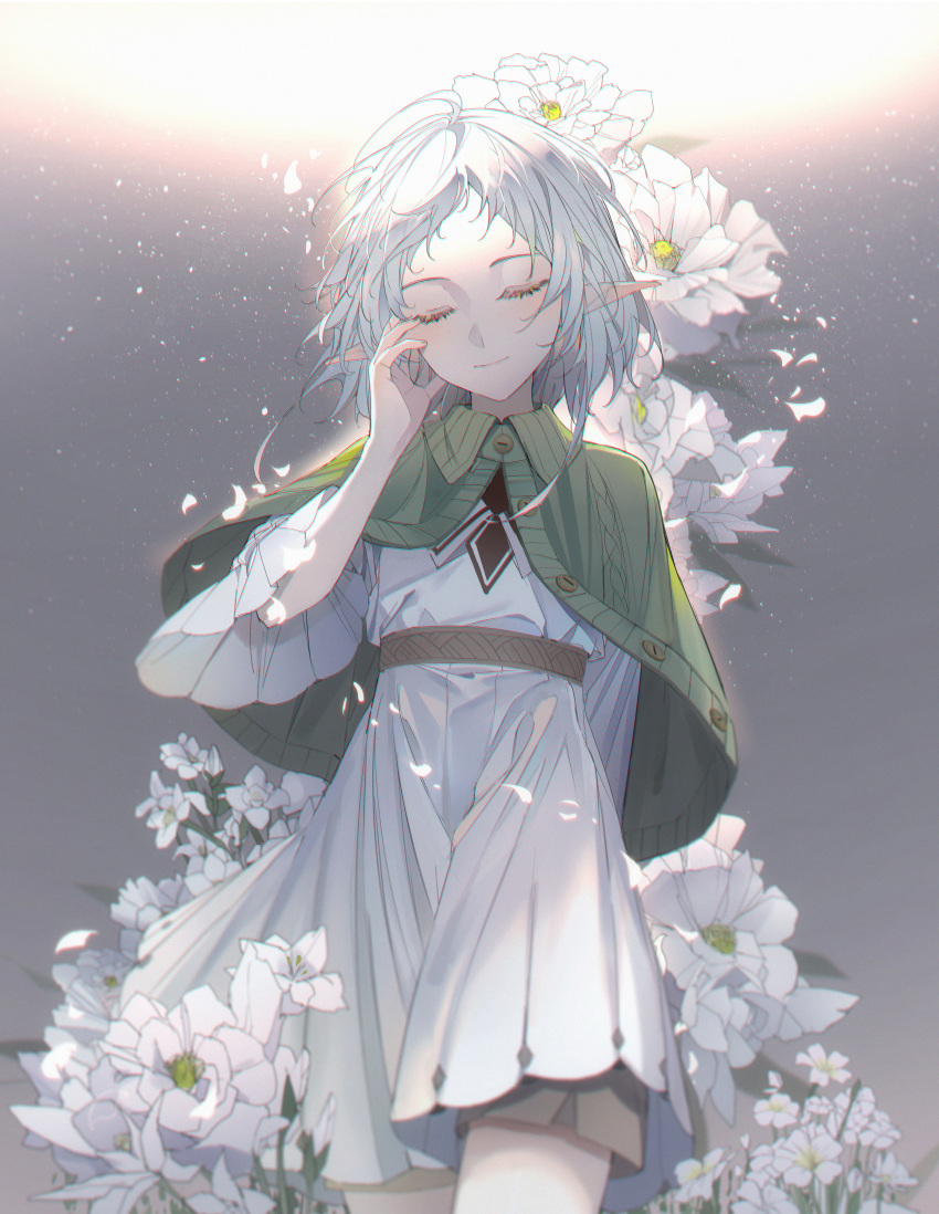 1girl absurdres ahoge capelet closed_eyes closed_mouth dress elf flower green_capelet hand_up highres medium_hair mushoku_tensei nogi_lace pointy_ears solo sylphiette_(mushoku_tensei) white_dress white_hair