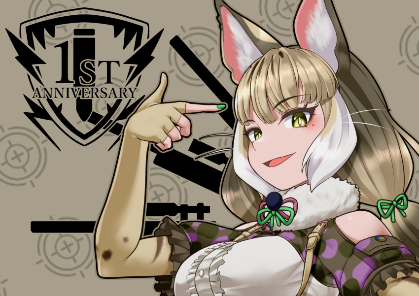 1girl animal_ears anniversary bare_shoulders camouflage cat_ears cat_girl elbow_gloves extra_ears fingerless_gloves gloves green_eyes grey_background grey_hair highres jungle_cat_(kemono_friends) kawanami_eito kemono_friends kemono_friends_v_project long_hair looking_at_viewer microphone ribbon shirt simple_background solo suspenders twintails virtual_youtuber