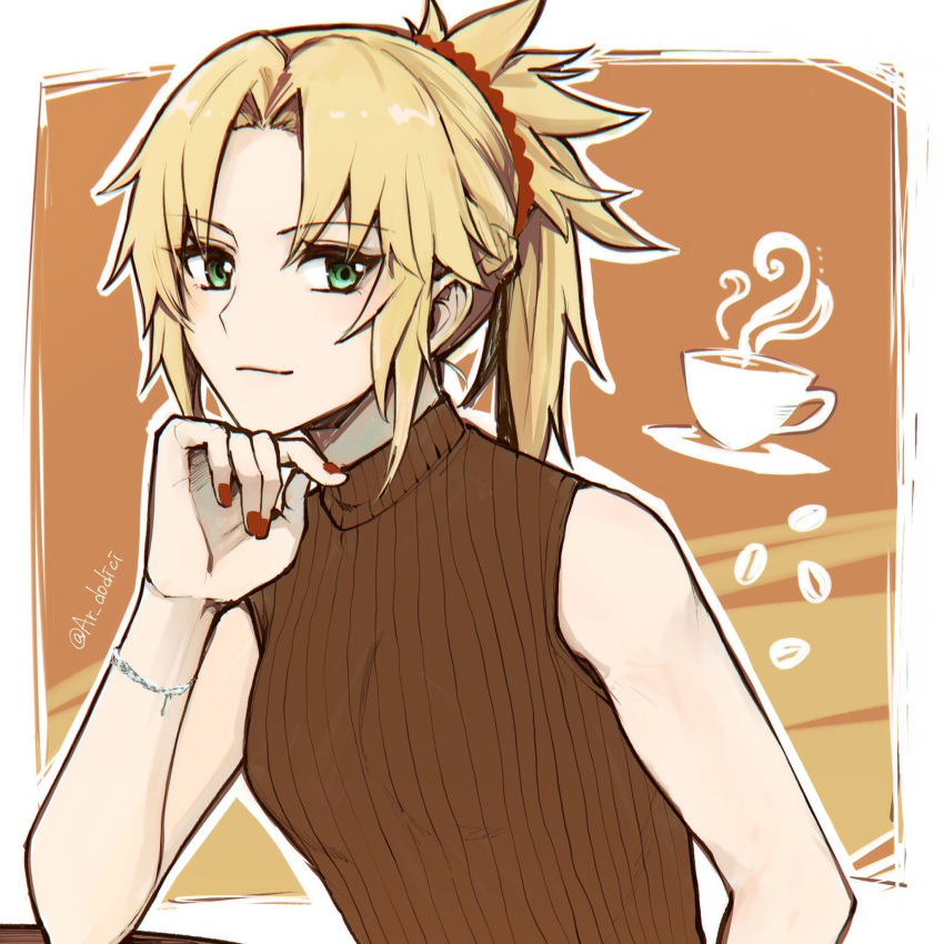 1girl alternate_costume aruti bare_shoulders blonde_hair braid brown_sweater closed_mouth coffee commentary fate/apocrypha fate/grand_order fate_(series) fingernails french_braid green_eyes hair_ornament hair_scrunchie head_rest highres light_smile looking_at_viewer mordred_(fate) parted_bangs ponytail red_nails red_scrunchie ribbed_sweater scrunchie short_hair sidelocks sleeveless sleeveless_sweater solo sweater symbol-only_commentary twitter_username