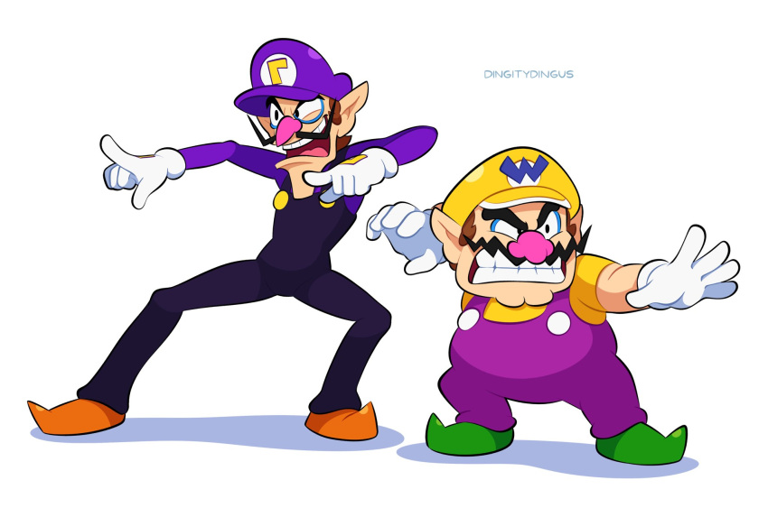 2boys artist_name black_overalls brown_footwear brown_hair facial_hair full_body gloves green_footwear hat highres male_focus multiple_boys mustache open_mouth overalls pink_nose pointing pointy_ears purple_headwear purple_overalls purple_shirt shirt short_hair short_sleeves simple_background super_mario_bros. teeth vinny_(dingitydingus) waluigi wario white_background white_gloves yellow_headwear yellow_shirt