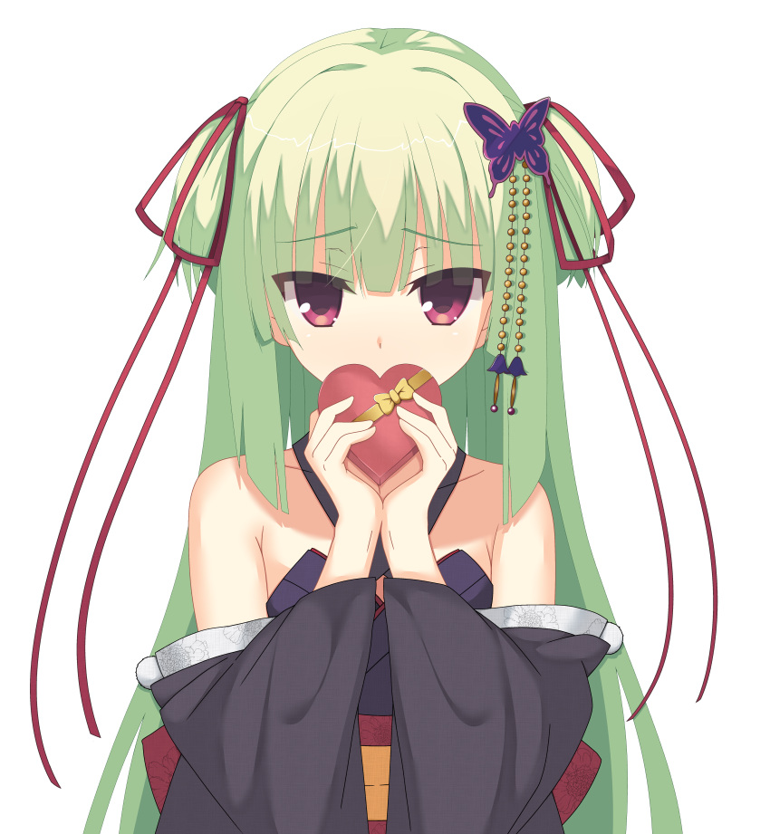 1girl absurdres armpit_crease bare_shoulders black_kimono blunt_bangs blunt_ends bow box butterfly_hair_ornament commentary_request covering_mouth detached_sleeves eyes_visible_through_hair floral_print furrowed_brow gift green_hair hair_ornament hair_ribbon heart-shaped_box highres holding holding_gift japanese_clothes kaon_zz kimono long_hair long_sleeves looking_at_viewer murasame_(senren) own_hands_together pom_pom_(clothes) red_eyes red_ribbon ribbon senren_banka shy sidelocks simple_background solo straight-on straight_hair two_side_up upper_body valentine very_long_hair white_background wide_sleeves yellow_bow yellow_ribbon