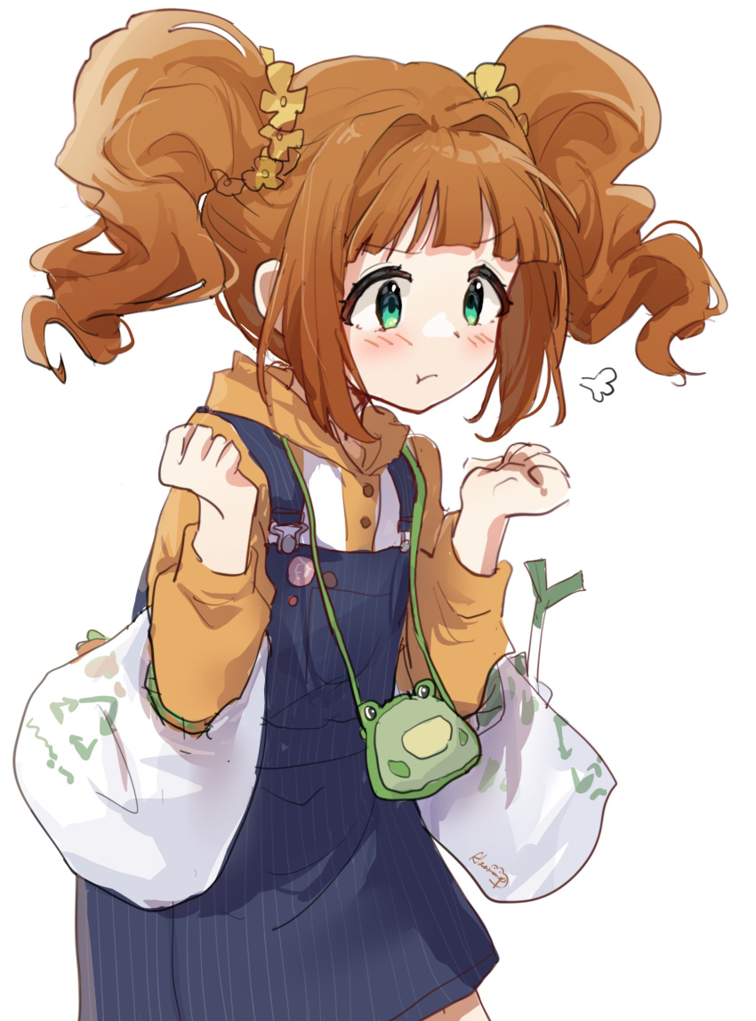 1girl :t =3 absurdres badge bag blue_skirt blush brown_hair button_badge clenched_hands closed_mouth cowboy_shot flower green_eyes hair_flower hair_ornament hands_up highres hood hood_down hoodie idolmaster idolmaster_(classic) idolmaster_million_live! idolmaster_million_live!_theater_days long_hair long_sleeves looking_at_another nnnn orange_flower orange_hoodie plastic_bag signature simple_background skirt solo spring_onion standing suspender_skirt suspenders takatsuki_yayoi twintails v-shaped_eyebrows wallet white_background