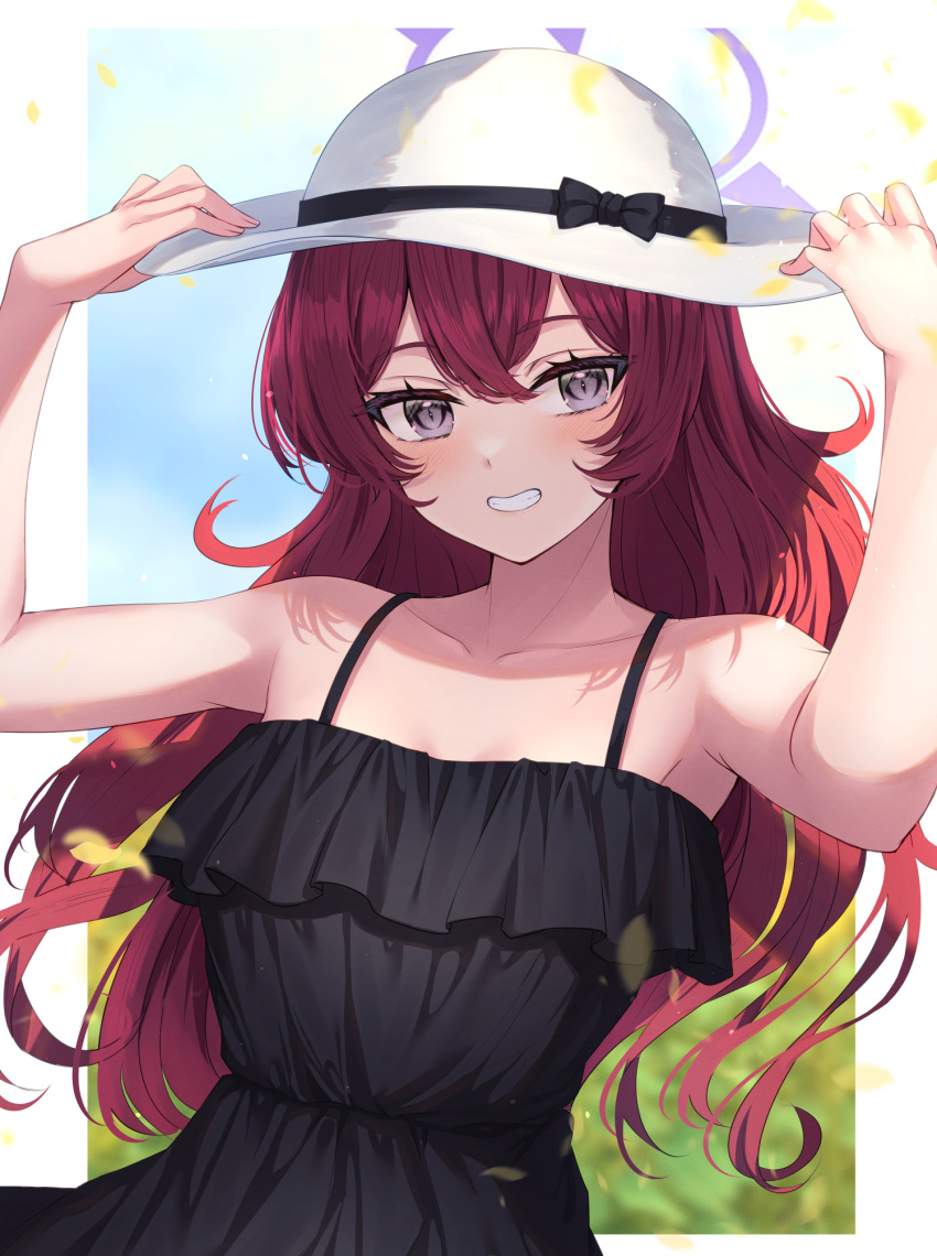 1girl alternate_costume bare_arms black_dress blue_archive breasts commentary_request dress frilled_dress frills grey_eyes hair_between_eyes halo hat highres iroha_(blue_archive) long_hair looking_at_viewer primamiya redhead simple_background sleeveless sleeveless_dress small_breasts smile solo spaghetti_strap sun_hat sundress wavy_hair