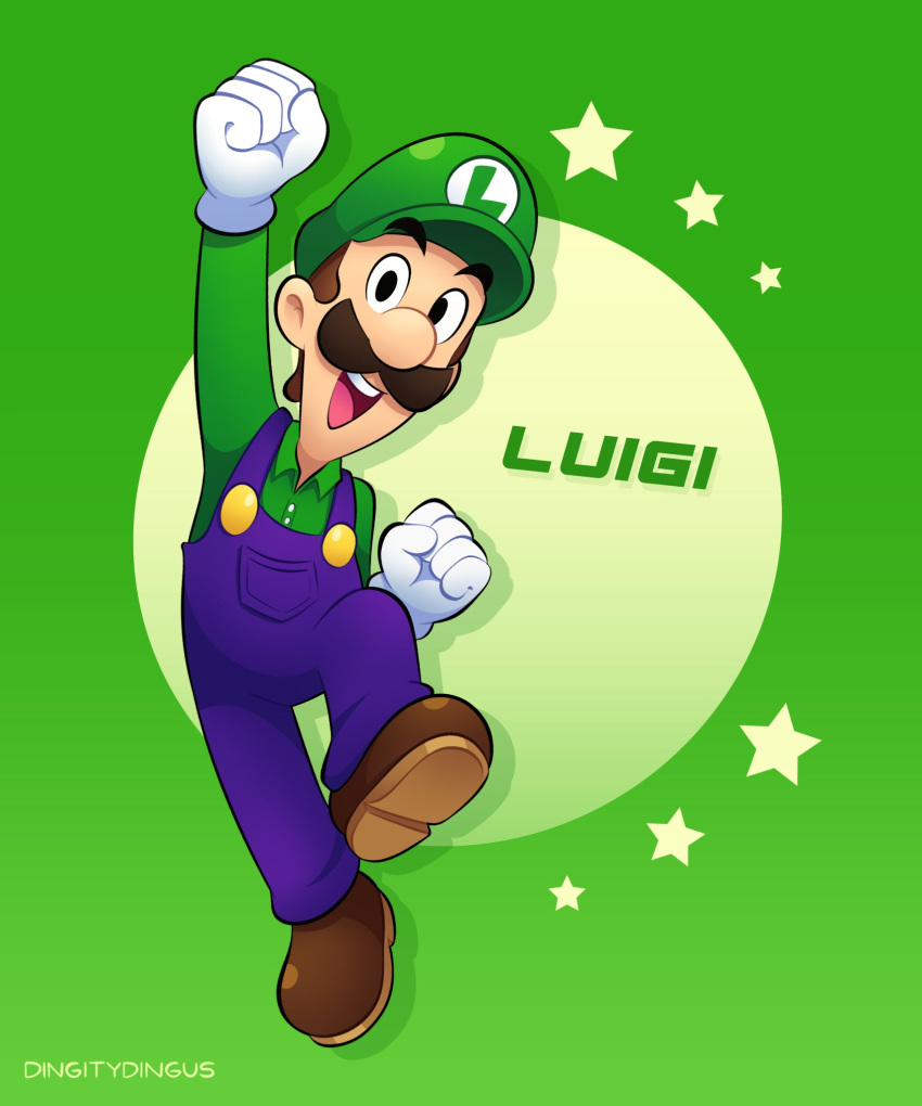 1boy artist_name blue_overalls boots brown_footwear brown_hair character_name clenched_hands facial_hair gloves green_background green_headwear green_shirt hat highres looking_at_viewer luigi mustache open_mouth overalls shirt short_hair solo super_mario_bros. teeth upper_teeth_only vinny_(dingitydingus) watermark white_gloves