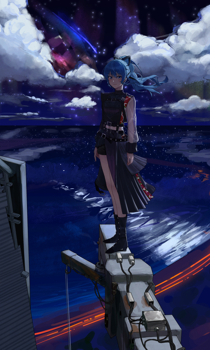 1girl absurdres asymmetrical_sleeves belt black_belt black_footwear black_shorts black_skirt blue_eyes blue_hair boots closed_mouth clouds floating_hair floral_print full_body high_ponytail highres hololive hoshimachi_suisei hoshimachi_suisei_(shout_in_crisis) light_smile long_hair long_sleeves looking_at_viewer mismatched_sleeves night night_sky official_alternate_costume official_alternate_hairstyle outdoors rose_print shooting_star short_shorts shorts skirt sky smile solo spicee standing star_(sky) starry_sky virtual_youtuber