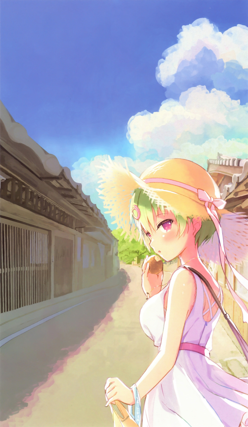 1girl absurdres alternate_costume back bag blue_sky blush bow breasts clouds crescent_necklace crocodile_hair_ornament day dress eating eyelashes food from_side green_hair hat hat_bow hat_ribbon highres holding holding_bag holding_food humuyun jewelry large_breasts looking_at_viewer necklace nomura_miki open_mouth outdoors perspective pink_bow pink_hair pink_ribbon ribbon short_hair sky solo straw_hat summer summer_pockets sundress