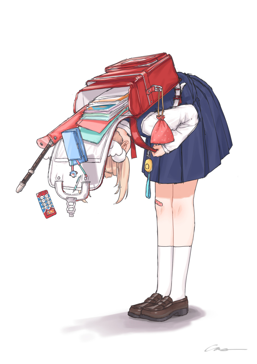 1girl absurdres backpack bag bandaid bandaid_on_knee bandaid_on_leg blonde_hair bowing brown_footwear crime_prevention_buzzer highres indie_virtual_youtuber instrument loafers pouch randoseru recorder recorder_case shigure_ui_(vtuber) shoes signature simana socks solo tagme white_socks