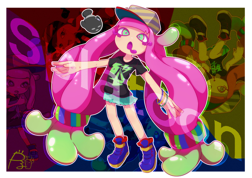 1girl absurdres afuron arm_up bangle baseball_cap black_shirt blue_footwear blunt_bangs boots border bracelet character_signature commentary_request copyright_name drooling english_text fish flat_chest full_body green_eyes green_skirt hair_tie harmony's_clownfish_(splatoon) harmony_(splatoon) hat highres jewelry legs long_hair looking_at_viewer low-tied_long_hair miniskirt multicolored_background multiple_views open_mouth outline outside_border outstretched_arm partial_commentary pink_pupils pleated_skirt shirt short_sleeves sidelocks signature skirt splatoon_(series) splatoon_3 standing striped striped_headwear tentacle_hair tentacles twintails very_long_hair white_border white_outline yellow_headwear
