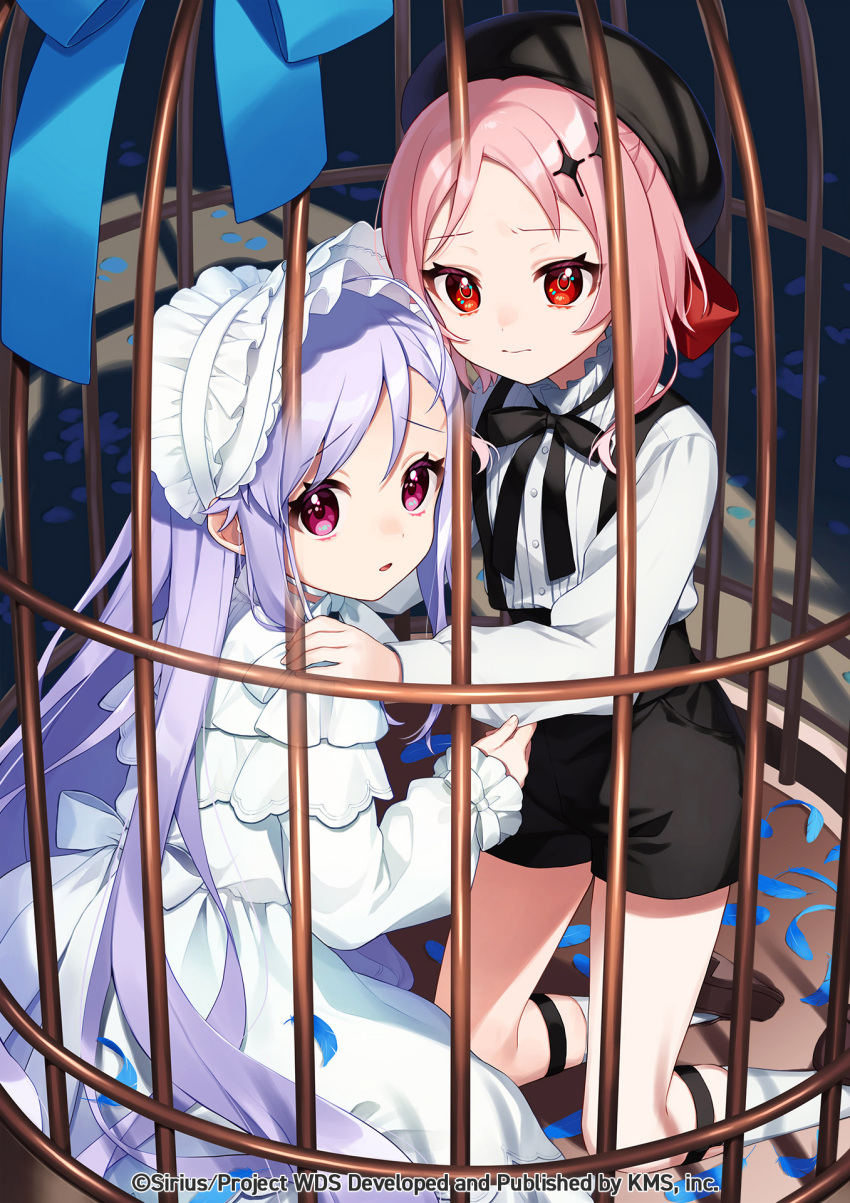 2girls beret birdcage black_headwear black_shorts blue_bow bonnet bow brown_footwear cage character_request closed_mouth dress frilled_sleeves frills hat highres kneeling long_hair long_sleeves multiple_girls official_art parted_bangs parted_lips petals pink_hair puffy_long_sleeves puffy_sleeves purple_hair red_eyes shirt shoe_soles shoes short_shorts shorts skirt sleeves_past_wrists socks suspender_skirt suspenders very_long_hair violet_eyes white_dress white_headwear white_shirt white_socks world_dai_star yamabukiiro