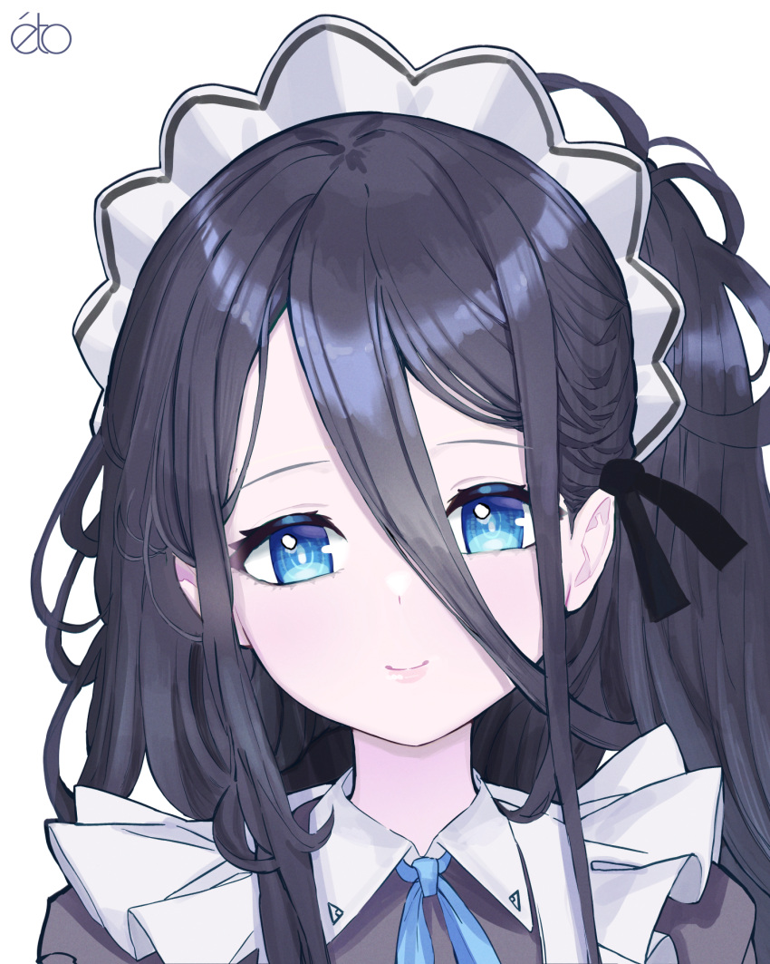 1girl absurdly_long_hair ahneato apron aris_(blue_archive) aris_(maid)_(blue_archive) black_hair blue_archive blue_bow blue_bowtie blue_eyes bow bowtie commentary hair_between_eyes halo highres long_bangs long_hair looking_at_viewer maid maid_apron maid_headdress official_alternate_costume short_sleeves sidelocks simple_background smile solo very_long_hair white_background