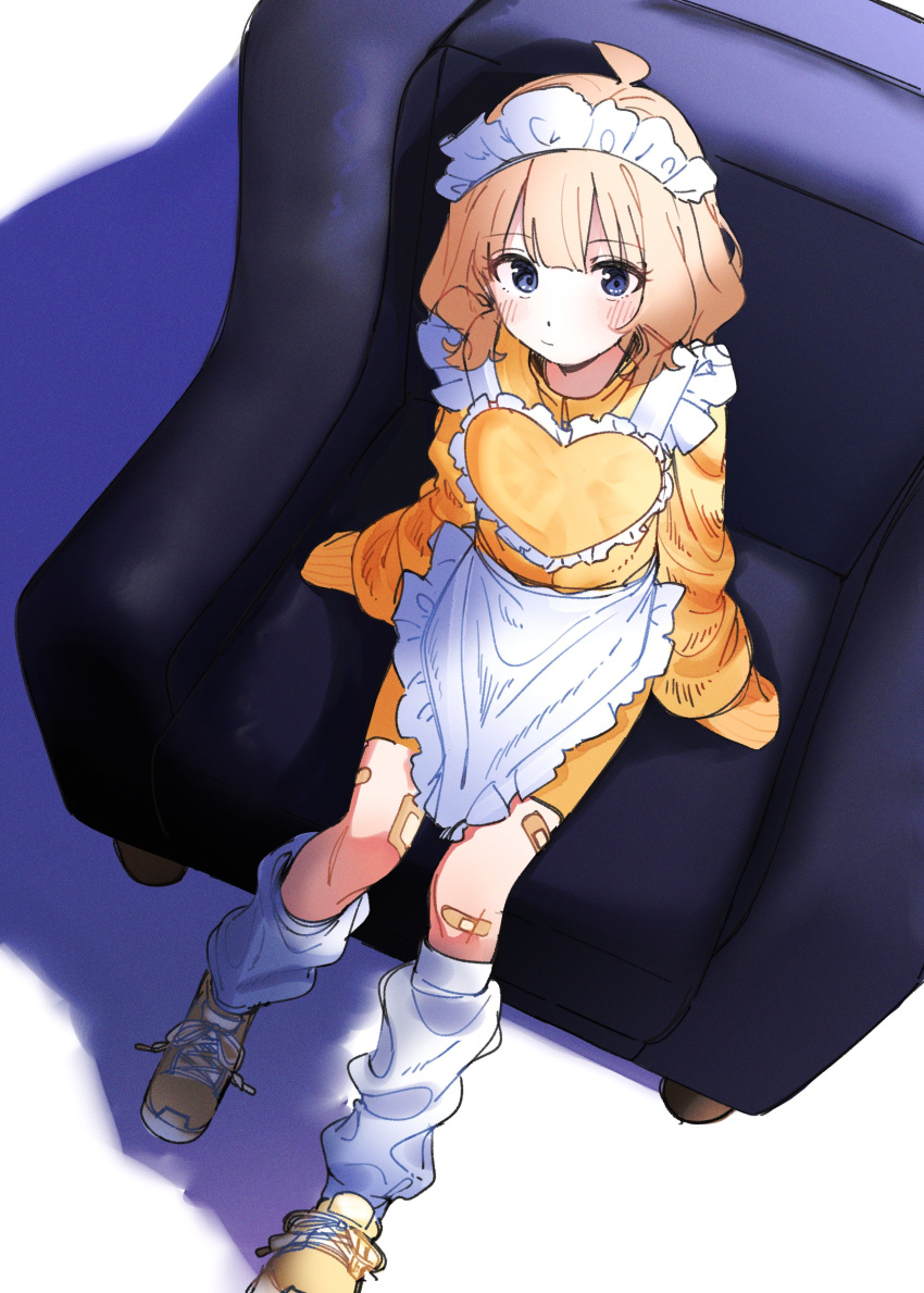 1girl absurdres ahoge apron arm_support bandaid bandaid_on_knee bandaid_on_leg bike_shorts blue_eyes blush brown_hair closed_mouth commentary couch expressionless frilled_apron frills from_above heart_apron highres idolmaster idolmaster_million_live! jacket legs long_sleeves looking_at_viewer maid_headdress medium_hair meeeeeeco359 shoes shorts sidelocks sitting sleeves_past_fingers sleeves_past_wrists sneakers solo suou_momoko track_jacket wavy_hair white_apron white_background white_leg_warmers yellow_footwear yellow_jacket yellow_shorts