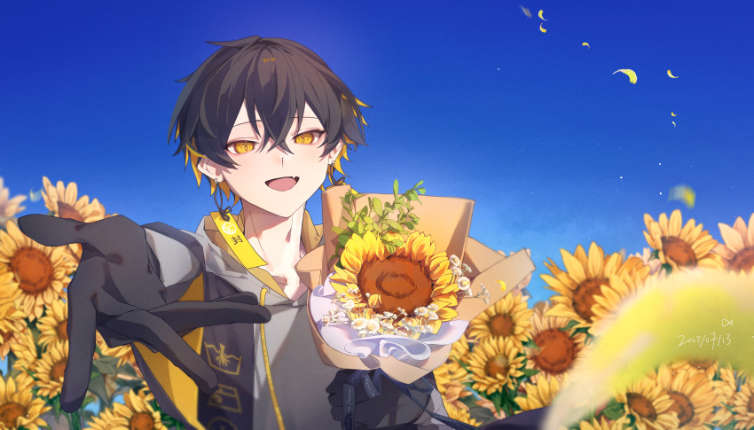 1boy absurdres bishounen black_gloves black_hair blonde_hair blue_sky bouquet dated earrings fang field flower flower_field gloves hair_between_eyes highres holding holding_bouquet holostars hood hoodie ibkive jewelry male_focus multicolored_hair open_mouth reaching reaching_towards_viewer skin_fang sky smile solo sunflower sunflower_field sunflower_petals two-tone_hair yatogami_fuma yellow_eyes