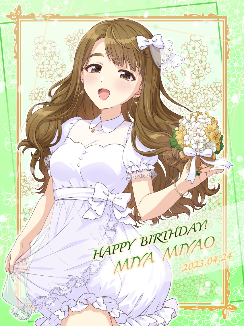 1girl 2023 absurdres blush bouquet bow bracelet breasts brown_eyes brown_hair buttons character_name dress earrings flower frilled_dress frills hair_ornament happy_birthday highres holding holding_bouquet idolmaster idolmaster_million_live! idolmaster_million_live!_theater_days jewelry long_hair looking_at_viewer manicure medium_breasts miyao_miya nail_polish open_mouth pendant puffy_short_sleeves puffy_sleeves ribbon see-through see-through_sleeves shiro_(ongrokm) short_sleeves smile solo thick_eyebrows wavy_hair white_dress white_flower yellow_flower