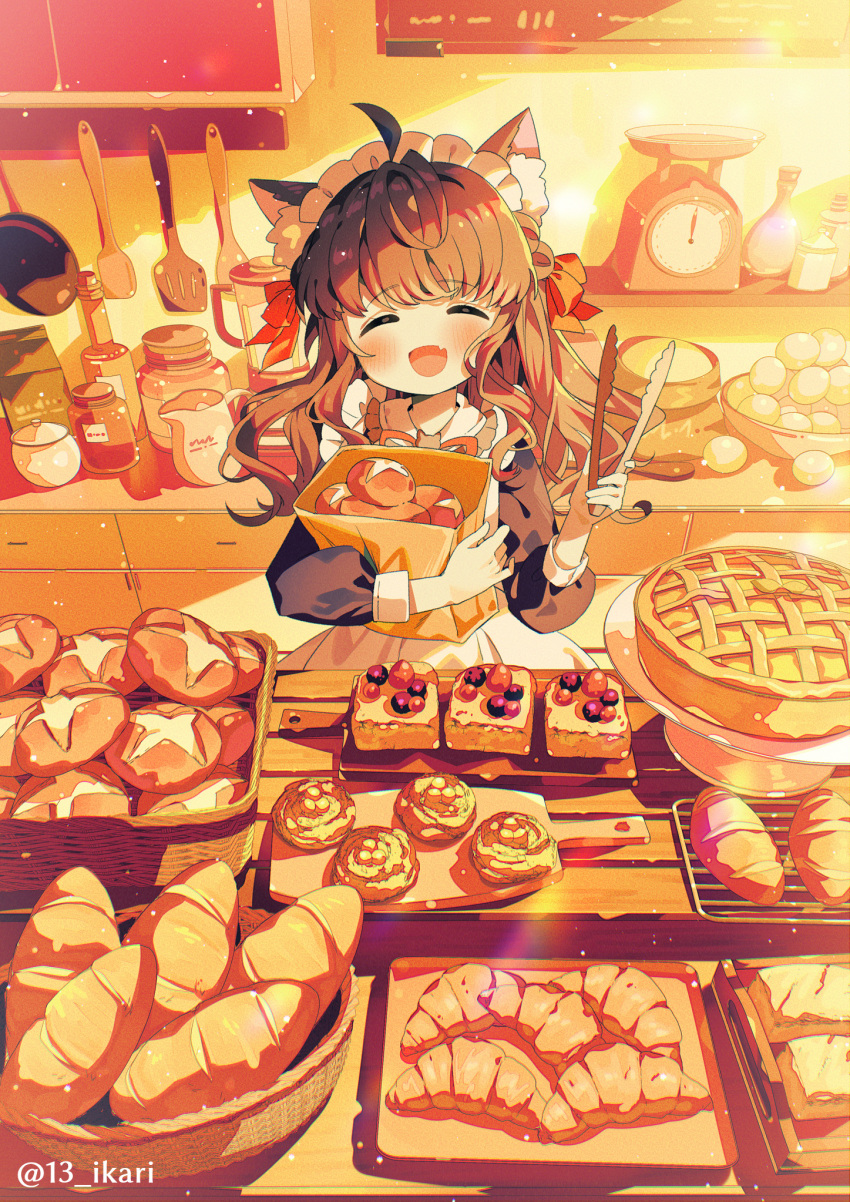 1girl :d ^_^ animal_ear_fluff animal_ears apron bag black_dress bread brown_hair closed_eyes collared_dress commentary_request croissant dress facing_viewer food food_request frilled_apron frilled_shirt_collar frills highres holding ikari_(aor3507) indoors long_hair long_sleeves maid_apron maid_headdress neck_ribbon orange_ribbon original paper_bag pie puffy_long_sleeves puffy_sleeves ribbon smile solo spatula tongs twitter_username waitress weighing_scale white_apron