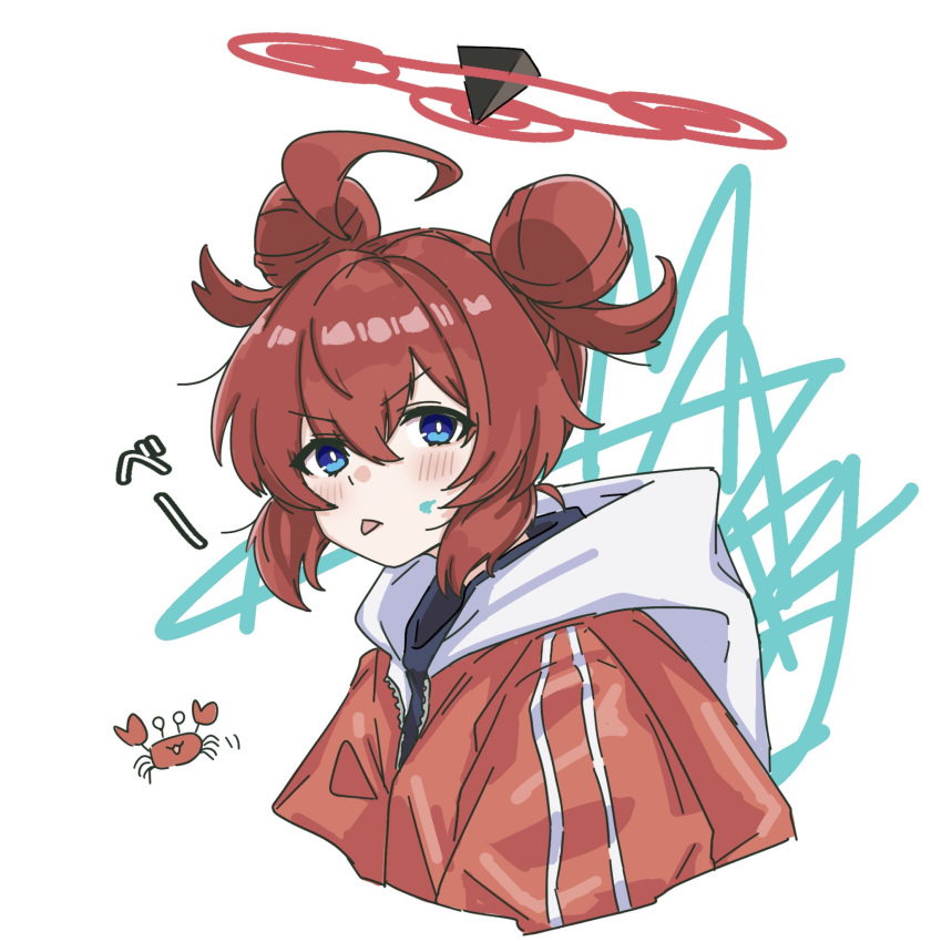 1girl ahoge black_shirt blue_archive blue_eyes blush closed_mouth commentary_request crab cropped_torso double_bun hair_between_eyes hair_bun halo highres hood hood_down hooded_jacket jacket kuzuuo looking_at_viewer maki_(blue_archive) red_jacket redhead shirt simple_background solo tongue tongue_out upper_body v-shaped_eyebrows white_background