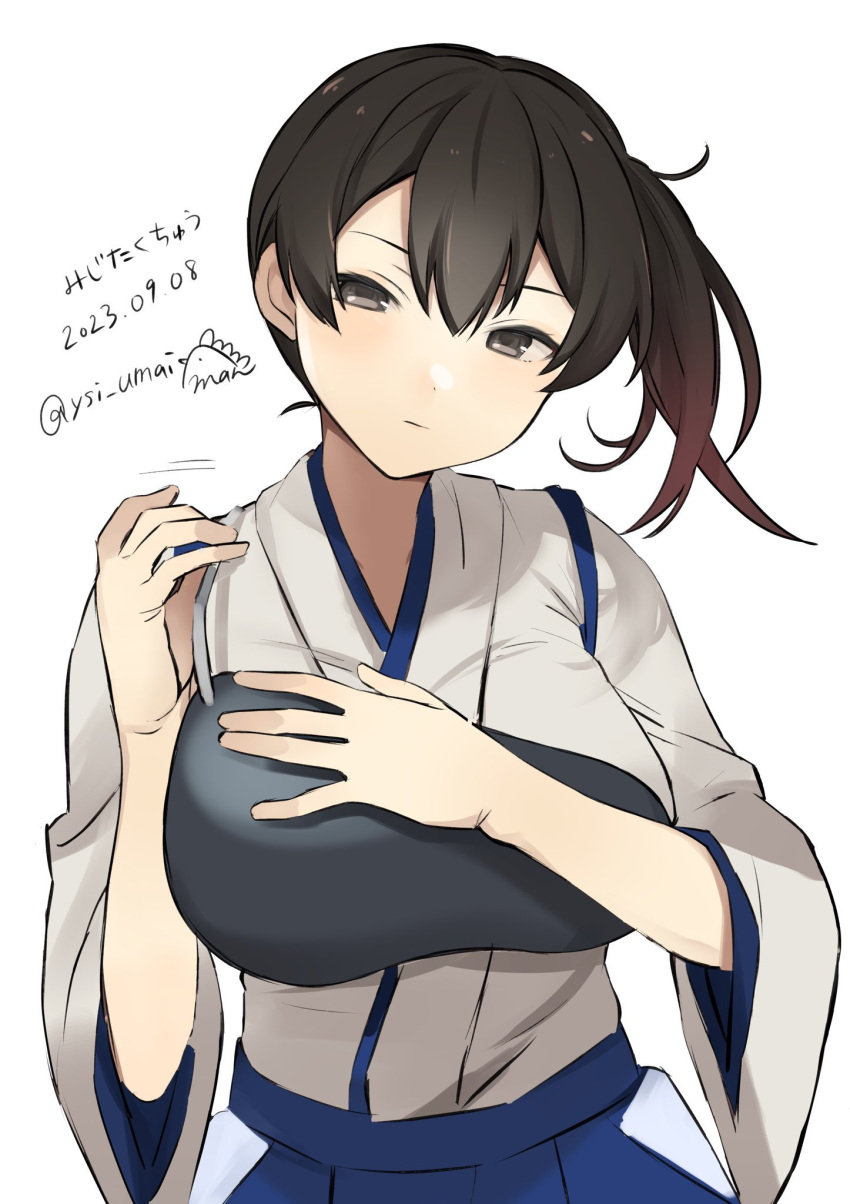 1girl black_eyes black_hair blue_hakama closed_mouth dated hair_between_eyes hakama highres japanese_clothes kaga_(kancolle) kantai_collection long_hair muneate one-hour_drawing_challenge side_ponytail simple_background solo tasuki toriniku_senshi_chikinman twitter_username upper_body white_background