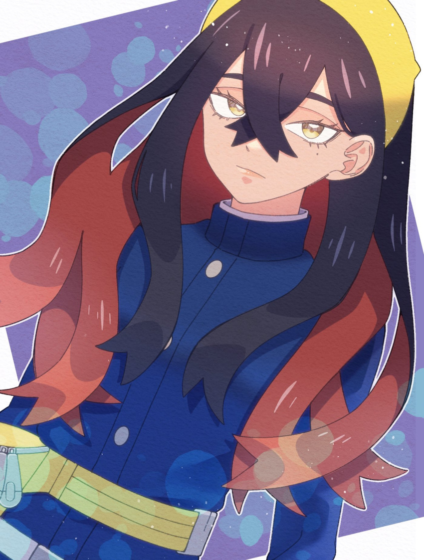 1girl belt black_hair blue_jacket bright_pupils buttons carmine_(pokemon) closed_mouth colored_inner_hair commentary_request crossed_bangs eyelashes hair_behind_ear hair_between_eyes highres jacket kana_(kanna_runa0620) long_hair looking_at_viewer multicolored_hair pokemon pokemon_(game) pokemon_sv sidelocks solo white_pupils yellow_belt yellow_eyes