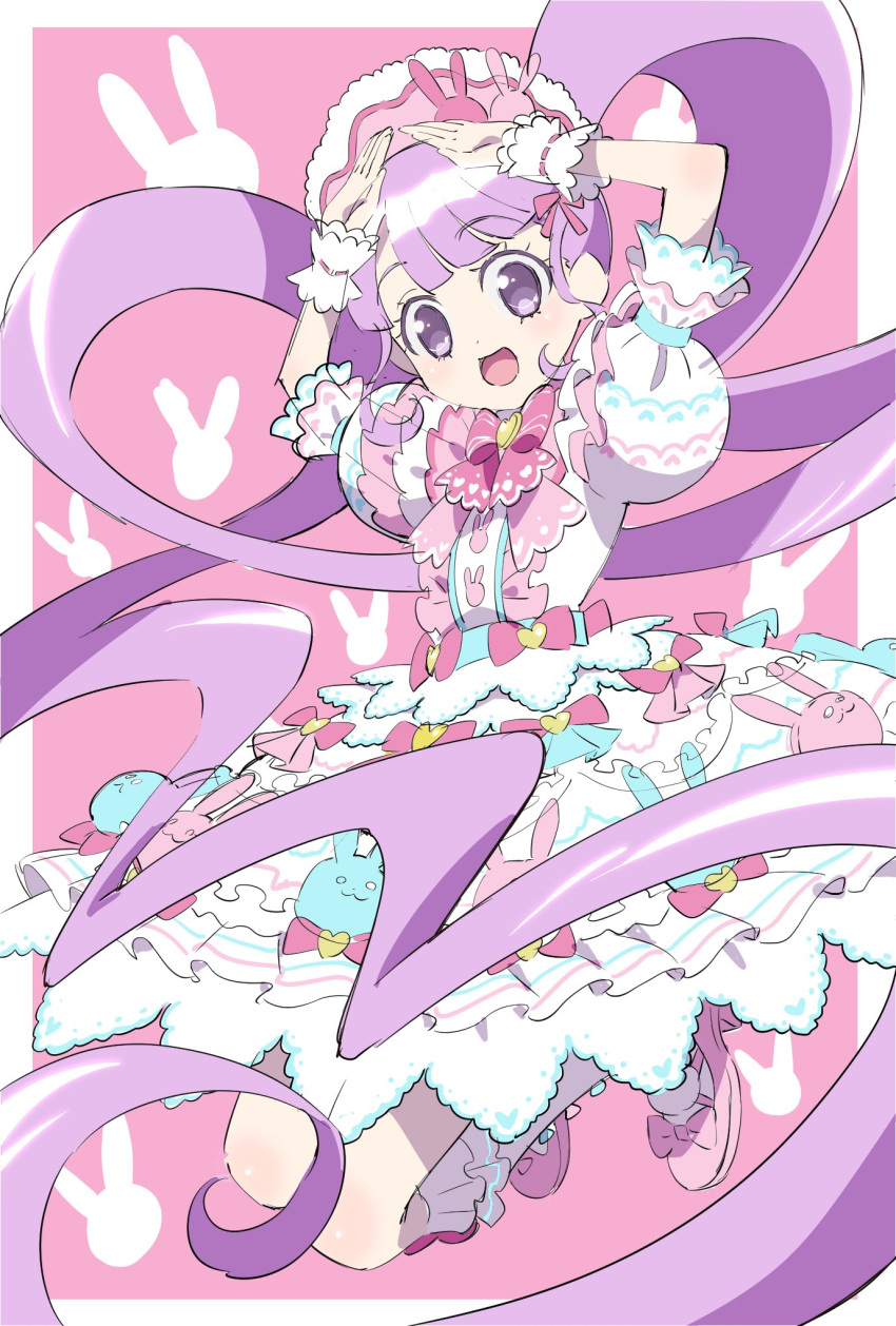 1girl :d animal_print arms_up blunt_bangs border bow center_frills commentary_request dress edamame_(buruburu) frilled_dress frilled_hairband frilled_socks frills full_body hair_ornament hairband high_heels highres jumping light_purple_hair lolita_fashion lolita_hairband long_hair looking_at_viewer manaka_non mary_janes multicolored_clothes multicolored_dress open_mouth pink_background pink_bow pink_footwear pink_hairband pink_ribbon pretty_(series) pripara puffy_short_sleeves puffy_sleeves rabbit_hair_ornament rabbit_pose rabbit_print ribbon shoes short_sleeves smile socks solo sweet_lolita twintails very_long_hair violet_eyes white_border wrist_cuffs