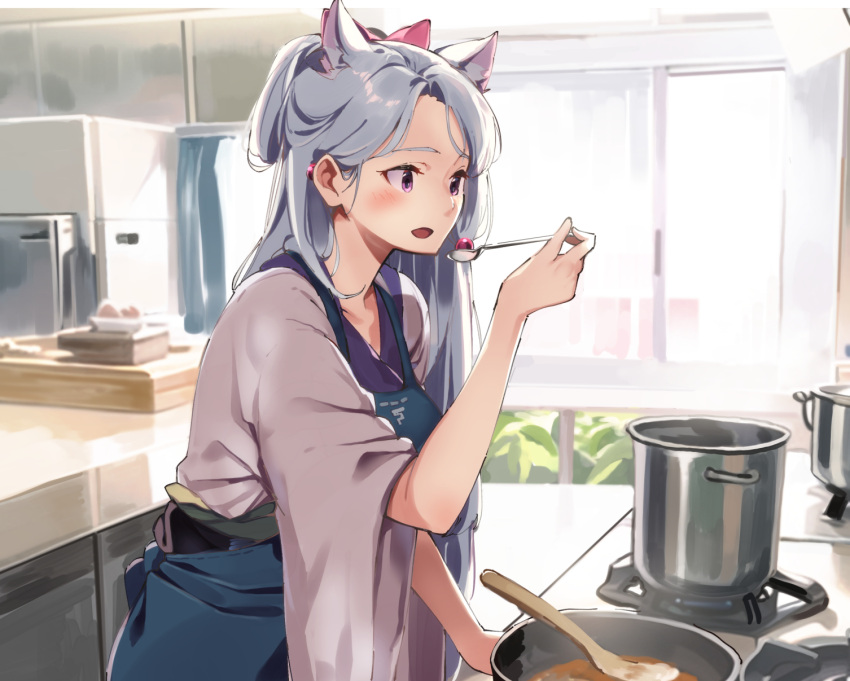 1girl :d apron blue_apron commentary_request cooking_pot grey_hair hand_up highres holding holding_spoon indoors japanese_clothes kimono lamb_(hitsujiniku) long_hair refrigerator short_sleeves smile solo spoon touhoku_itako very_long_hair violet_eyes voiceroid white_kimono wide_sleeves window
