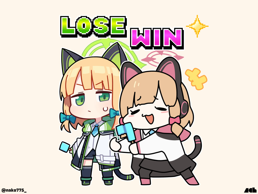 +++ 2girls absurdres animal_ear_headphones animal_ears aqua_bow aqua_necktie artist_logo black_footwear black_thighhighs blonde_hair blue_archive bow closed_mouth collared_shirt fake_animal_ears food green_eyes green_halo hair_bow halo headphones highres holding holding_food jacket midori_(blue_archive) momoi_(blue_archive) multiple_girls nako775 necktie open_clothes open_jacket open_mouth pink_bow pink_halo popsicle shirt shoes short_hair siblings sisters smile sparkle thigh-highs twins twitter_username white_jacket white_shirt
