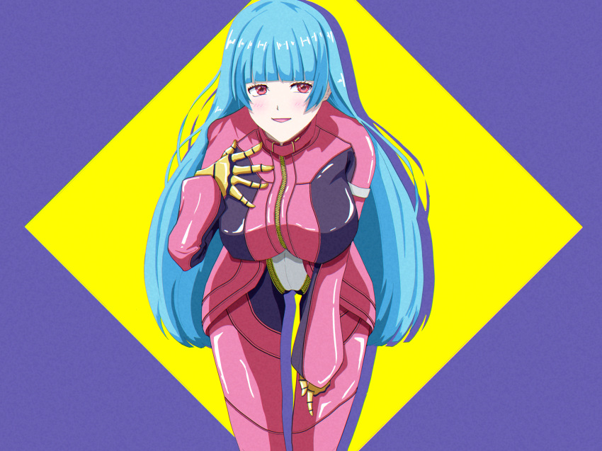 1girl alternate_breast_size belt blue_hair bodysuit breasts gloves highres kula_diamond large_breasts long_hair looking_to_the_side purple_background smile studiokayu2993 the_king_of_fighters the_king_of_fighters_xv violet_eyes zipper