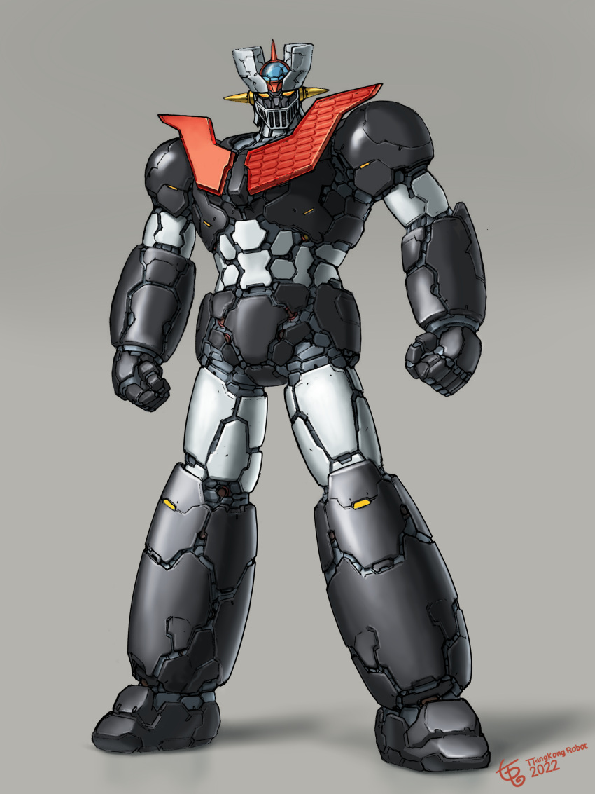 absurdres artist_name clenched_hand dated full_body grey_background highres looking_at_viewer mazinger_(series) mazinger_z mazinger_z:_infinity mazinger_z_(mecha) mecha no_humans robot standing ttakunga yellow_eyes