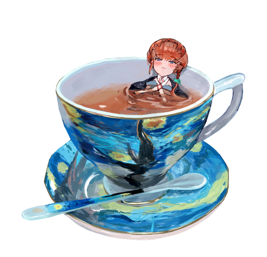 1girl absurdres blue_eyes blush braid cup fate/grand_order fate_(series) highres looking_at_viewer mini_person minigirl redhead shimogamo_(shimomo_12) short_hair simple_background smile solo starry_night teacup teaspoon van_gogh_(fate) water white_background