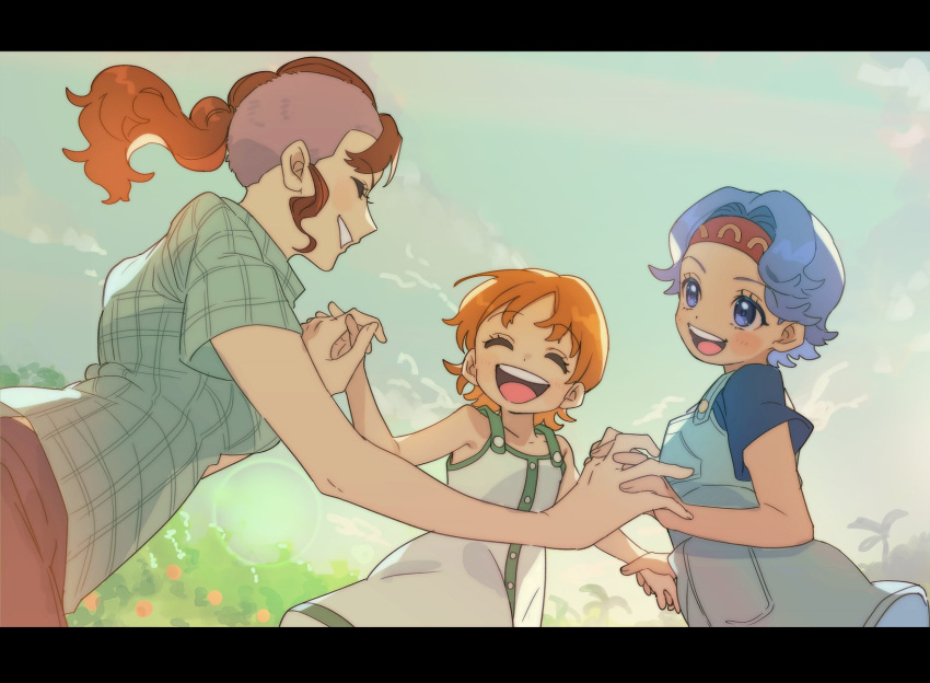 3girls bare_shoulders bellemere blue_hair blue_overalls blue_shirt blue_sky blush blush_stickers child closed_eyes clouds cloudy_sky dress family floating_hair food fruit green_trim happy headband highres holding_hands interlocked_fingers looking_at_another mandarin_orange mohawk mother_and_daughter multiple_girls nami_(one_piece) nojiko one_piece open_mouth orange_hair outdoors overalls palm_tree parted_lips pink_hair ponytail profile shirt short_hair short_sleeves siblings sisters sky smile teeth tree upper_body upper_teeth_only ususmomo white_dress