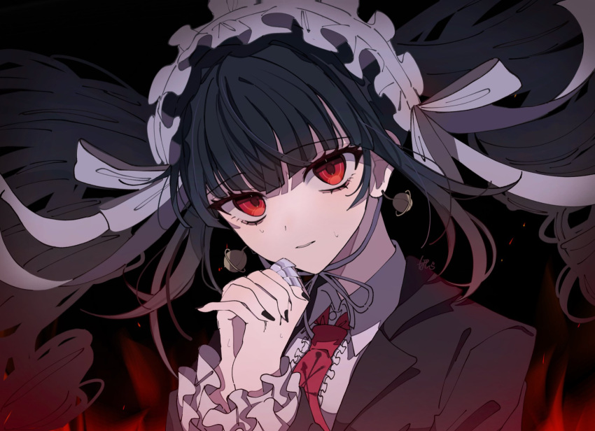 1girl black_background black_hair black_nails celestia_ludenberg center_frills collared_shirt danganronpa:_trigger_happy_havoc danganronpa_(series) drill_hair earrings fire frilled_jacket frills gothic_lolita hands_up headdress highres jacket jewelry lolita_fashion long_hair looking_at_viewer nail_polish necktie pote_(pote_39) print_necktie red_background red_eyes red_necktie shirt solo twin_drills twintails white_shirt