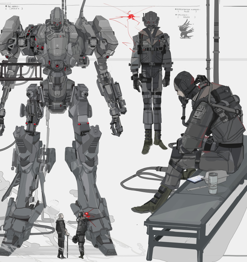 2boys 621_(armored_core_6) absurdres armored_core armored_core_6 ayre_(armored_core_6) bench cane cellphone handler_walter highres interface_headset looking_at_another mecha multiple_boys nslacka phone pilot_suit robot science_fiction sitting smartphone standing