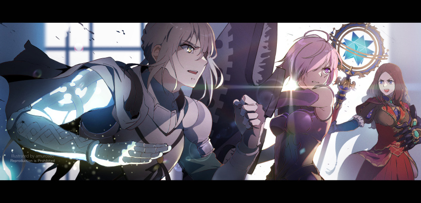 1boy 2girls :d airgetlam_(fate) amuroseo aqua_pupils armor bare_shoulders bedivere_(fate) black_border black_shirt blonde_hair blue_eyes blue_gloves boobplate border braid brown_hair cape clenched_hand clenched_teeth cowboy_shot elbow_gloves fate/grand_order fate_(series) fighting_stance french_braid gauntlets gloves glowing glowing_hand grey_cape hair_between_eyes hair_over_one_eye high-waist_skirt highres holding holding_shield holding_staff leonardo_da_vinci_(fate) letterboxed long_hair long_sleeves looking_ahead looking_at_another looking_to_the_side lord_camelot_(fate) low_ponytail mash_kyrielight multiple_girls overskirt parted_bangs parted_lips pink_hair prosthesis prosthetic_arm puff_and_slash_sleeves puffy_short_sleeves puffy_sleeves purple_armor red_skirt shield shirt short_hair short_sleeves single_gauntlet skirt sleeveless smile staff stellated_octahedron teeth upper_body upper_teeth_only v-shaped_eyebrows violet_eyes window yellow_eyes