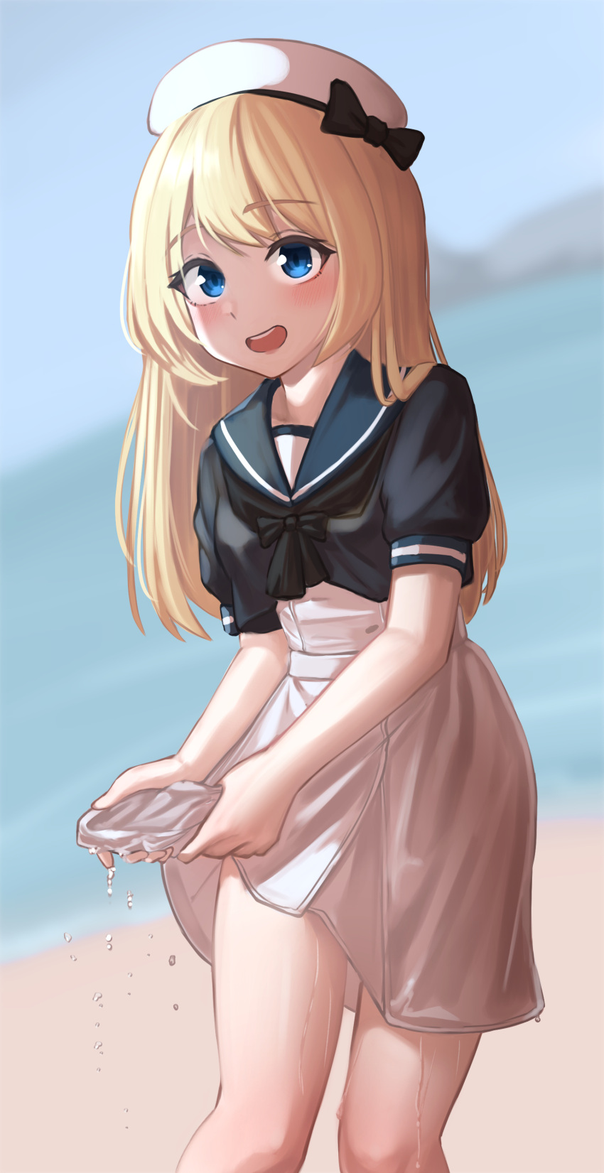 1girl absurdres bad_id bad_twitter_id blonde_hair blue_eyes blue_sailor_collar blush dress feet_out_of_frame hat highres hirotsuki jervis_(kancolle) kantai_collection long_hair looking_at_viewer one-hour_drawing_challenge open_mouth sailor_collar sailor_dress sailor_hat short_sleeves smile solo wet white_dress white_headwear