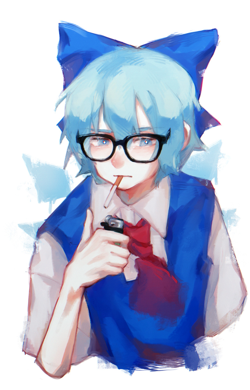 1girl absurdres ascot bespectacled blue_bow blue_eyes blue_hair blue_vest bow cigarette cirno cirno_day closed_mouth collared_shirt commentary_request cropped_torso glasses hair_bow hand_up highres holding holding_lighter ice ice_wings lighter looking_at_viewer red_ascot shirt short_hair simple_background sinonon218 solo touhou vest white_background white_shirt wings