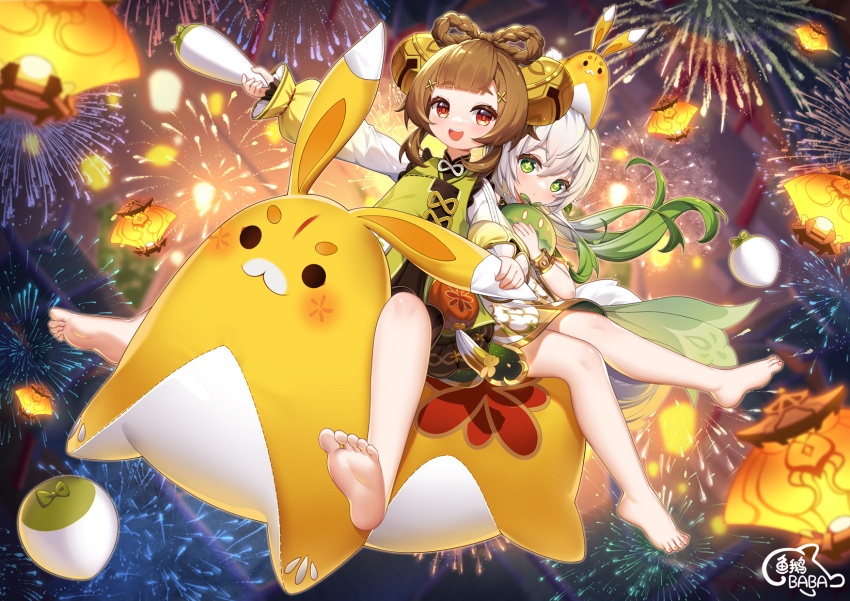 2girls :d aerial_fireworks barefoot bell blunt_bangs bow-shaped_hair bracelet braid brown_hair chinese_clothes commentary_request detached_sleeves fireworks floating genshin_impact gradient_hair green_eyes hair_bell hair_between_eyes hair_ornament hairclip highres hug jewelry lantern_festival long_hair long_sleeves looking_at_viewer multicolored_hair multiple_girls nahida_(genshin_impact) night night_sky oran orange_eyes outdoors pointy_ears riding short_sleeves side_ponytail sidelocks sky slime_(genshin_impact) smile soles streaked_hair stuffed_animal stuffed_rabbit stuffed_toy symbol-shaped_pupils toes turnip twin_braids two-tone_hair white_hair yaoyao_(genshin_impact) yu_e_baba yuegui_(genshin_impact)